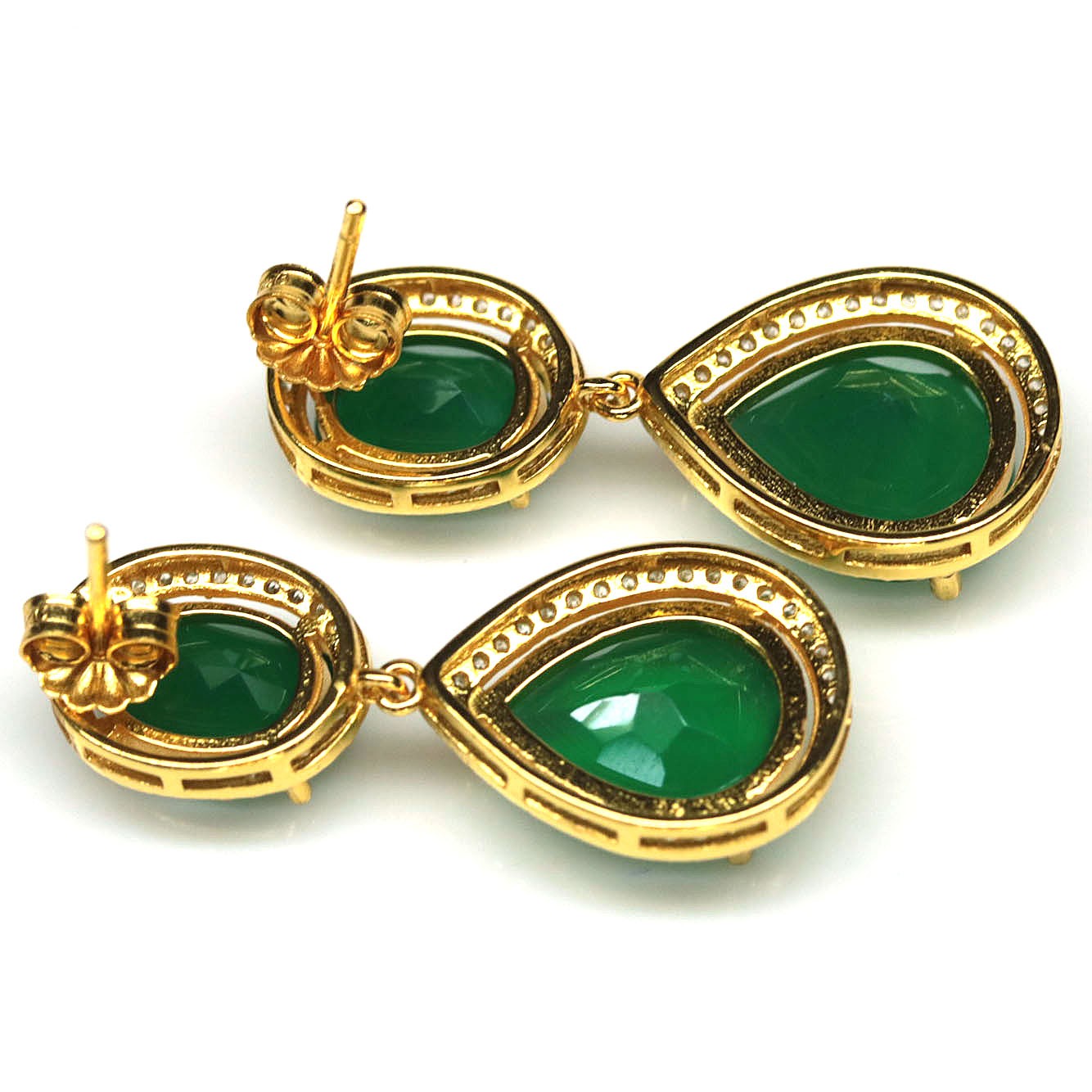 925 Sterling Silver Green Agate & Zircon Earrings White Gold Plated