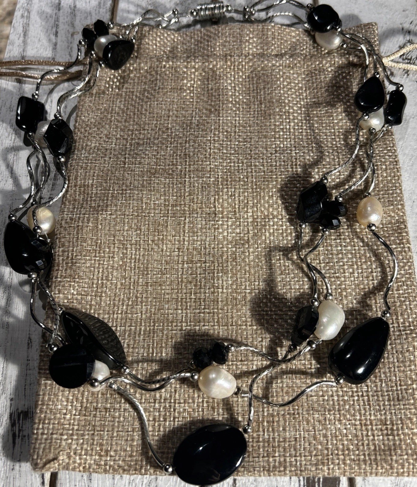 Artisan Black Crystal + Glass Bead Freshwater Pearl 3- Strand Wavy Link Necklace