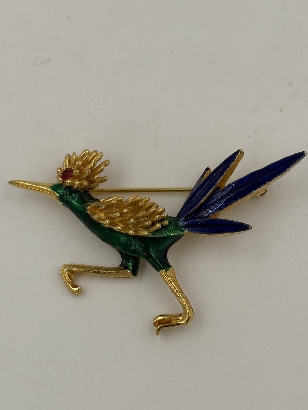 Vintage Signed Boucher Roadrunner Brooch Green Blue Enamel Red Eye Gold Tone
