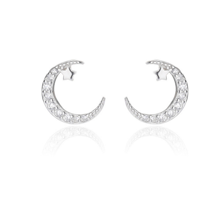 925 Sterling Silver CZ Crescent Half Moon Star Post Stud Earrings 10x8mm PE21