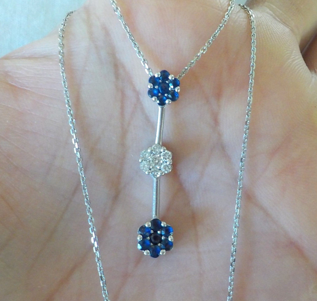 14K White Gold Bar Blue Sapphire Diamond Necklace – 4.0 gms, 18 in, 0.40 ctw