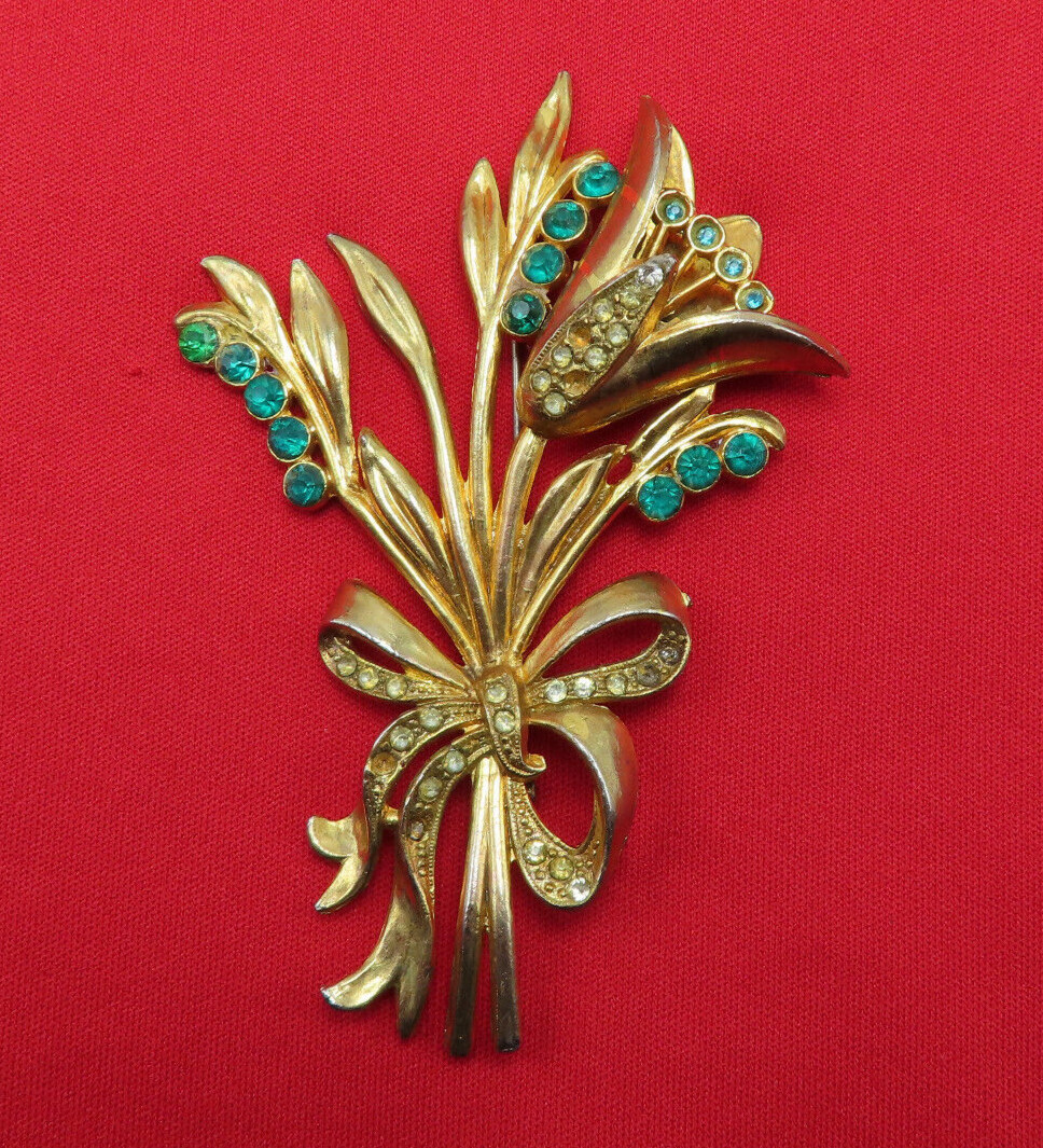 Antique Rhinestone Brooch Flower Clear Green Crystal 3.75 in OOAK Vintage 253f
