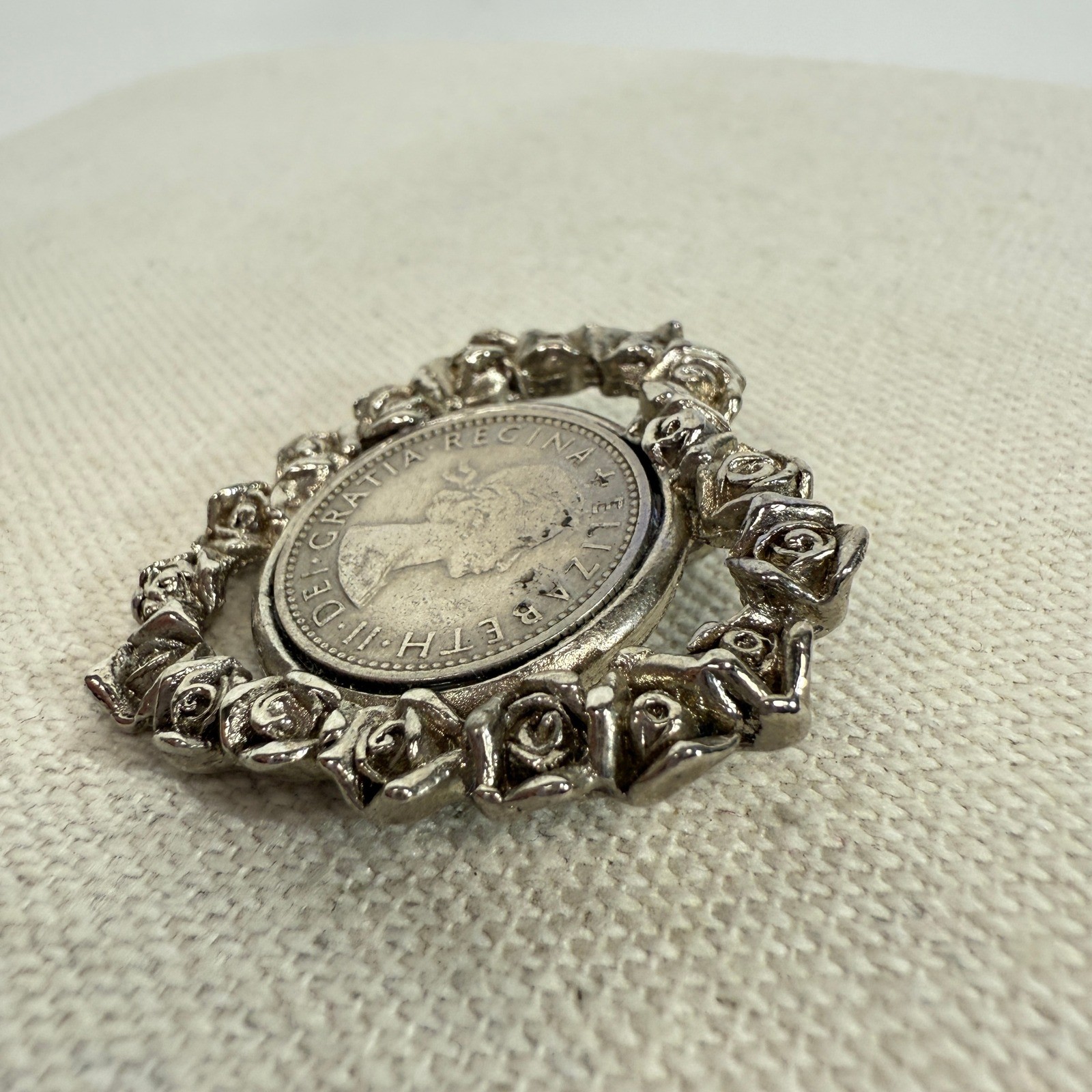 Vintage Coin Pendant Rose Flower Elizabeth II Six Pence 1964 Silver Tone