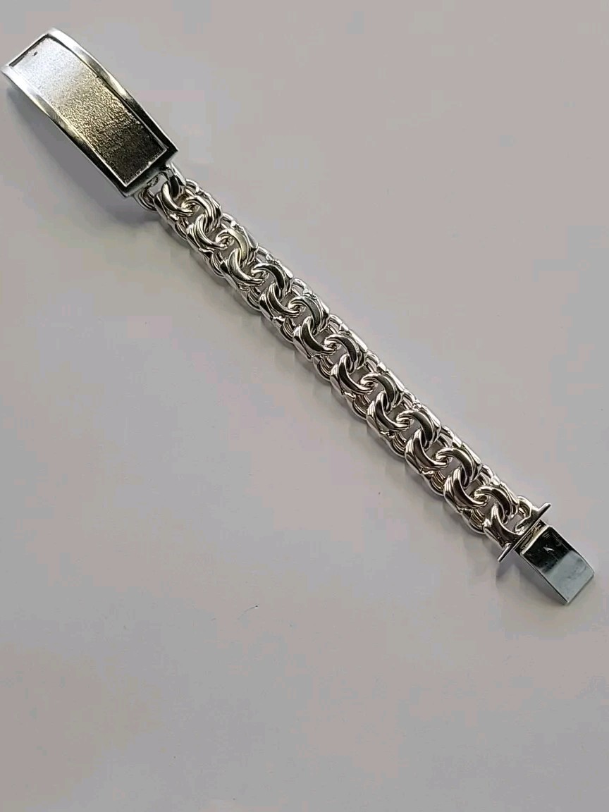 925 Sterling Silver Chino Link ID Bracelet Plain Frame 114g 8inch 15mm Hand Made