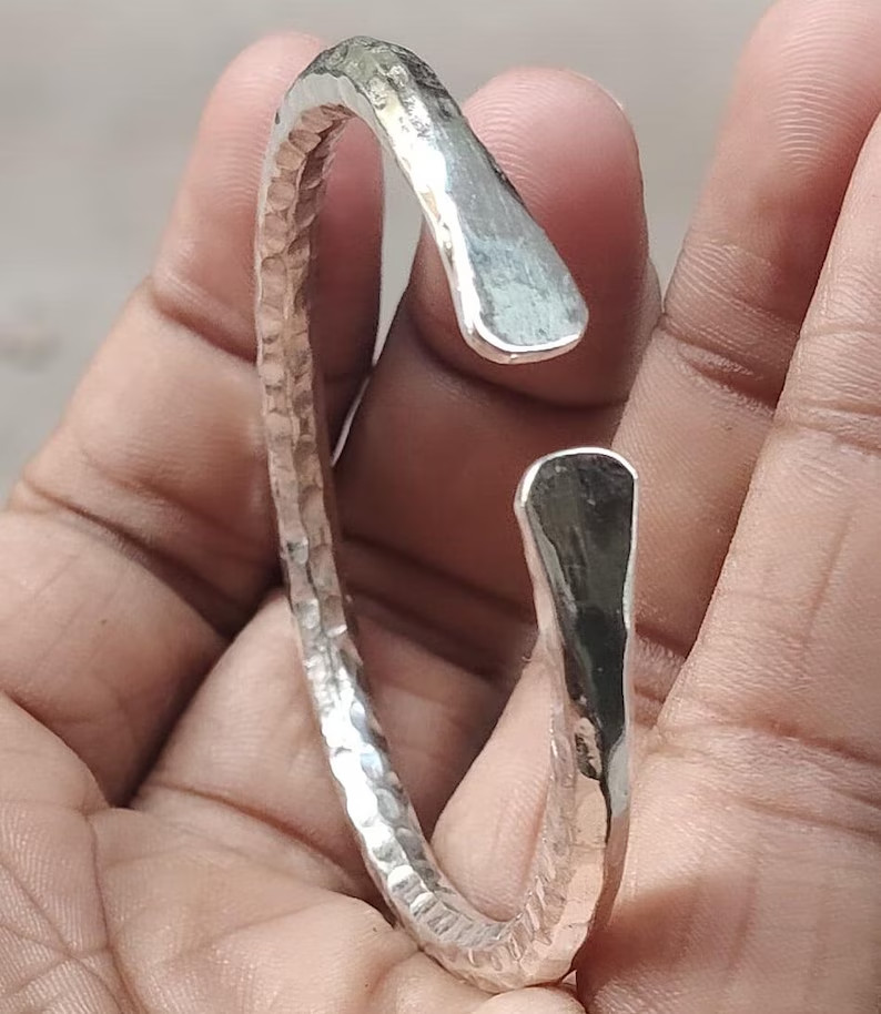 Hammered Round Bangle Open Cuff 925 Sterling Silver 5mm Thic Mens Bangle 7.5Inch
