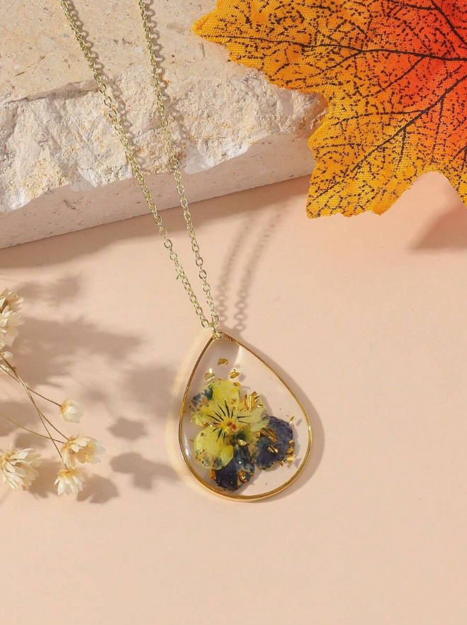 1 PCS Dried Pressed Daisy Real Flower Resin Pendant Necklace Handmade Chain USA