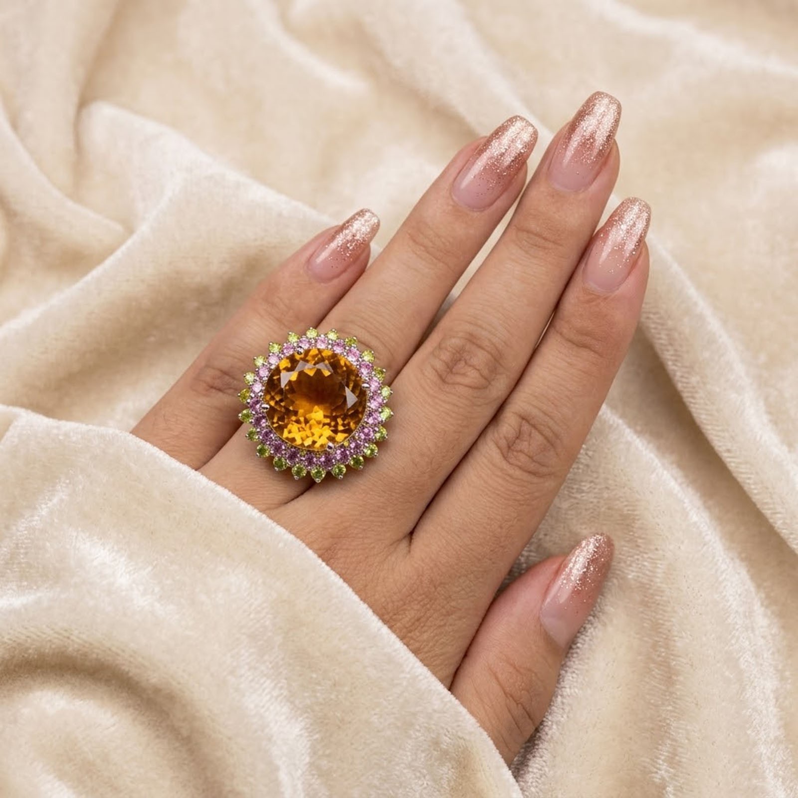 Luxurious Yellow Golden Citrine Round 25.70Ct 925 Sterling Silver Handmade Rings