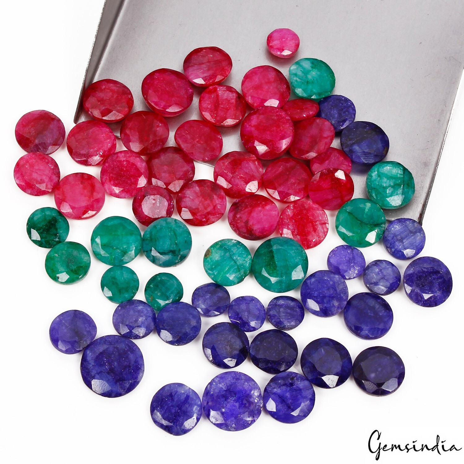 300 Cts/59 Pcs Natural Red Blue Beryl & Green Emerald Round Cut Loose Gems Lot