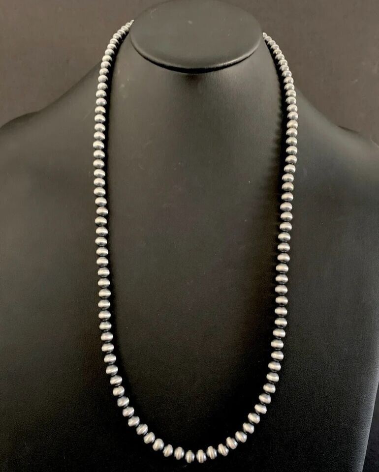 7mm 36 Inch 925 Sterling Silver Oxidized Pearls Bead Necklace Southwestern