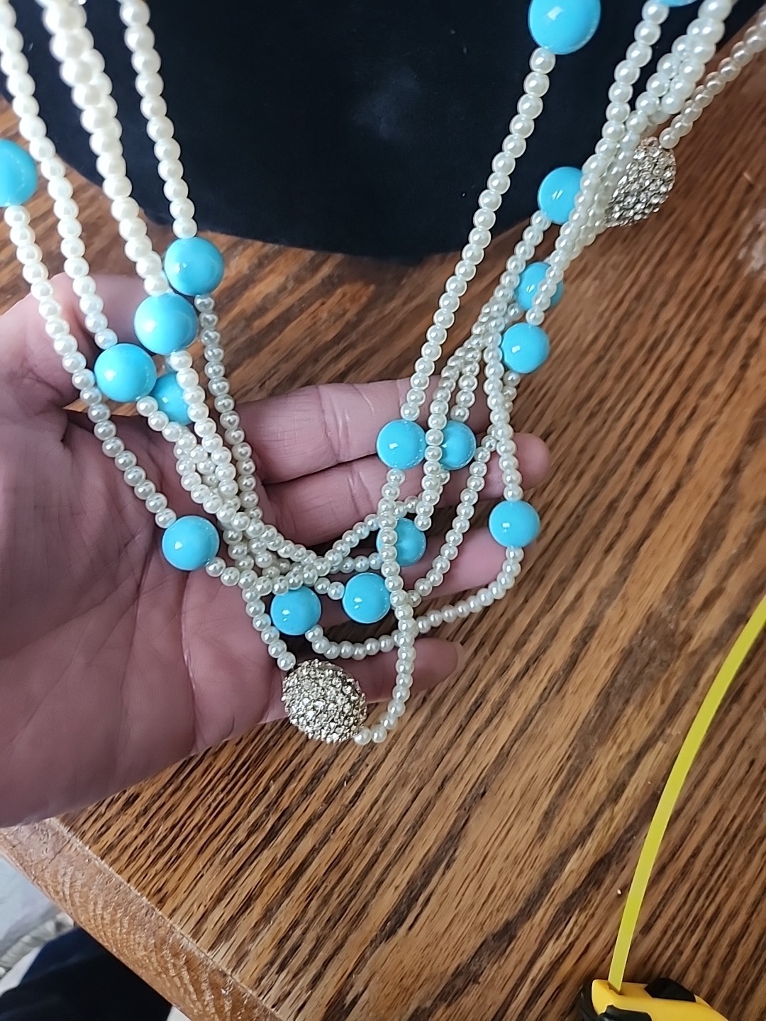 Lovely Joan Boyce Faux Turquoise & Pearl & Crystal Multi Strand 24″ Necklace NIB