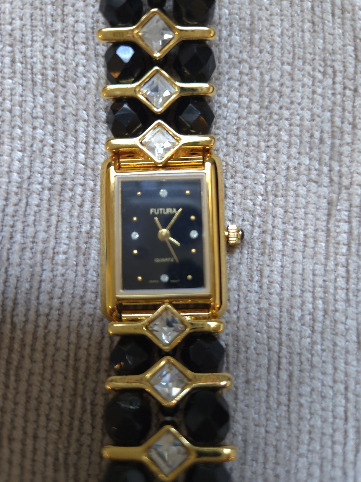 Vintage Futura 3780 Women’s Watch Black Beaded Rhinestone Quartz w/ Original Box