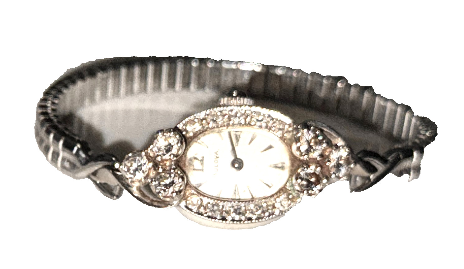 Vintage Bulova 14K White Gold Ladies Watch – Six Diamond Bezel, Speidel Band