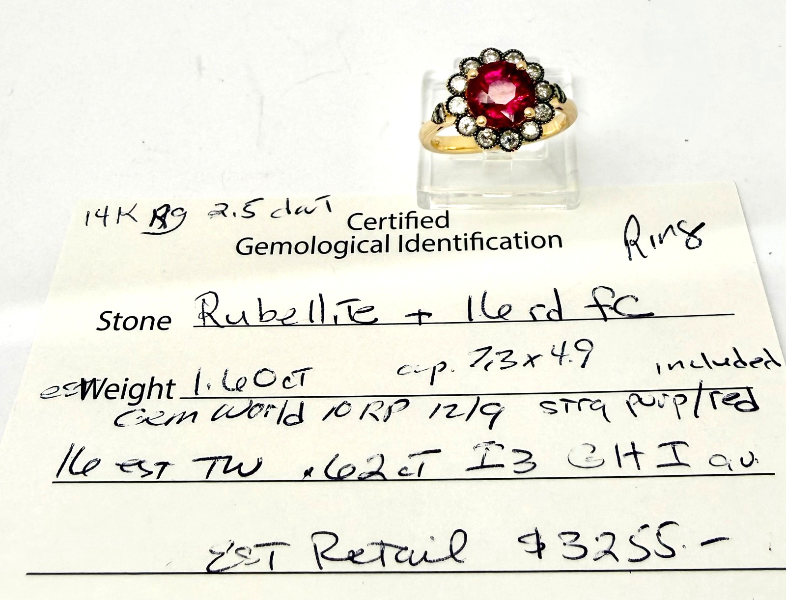 1.60 ct Rubelite & Diamond Ring 14k Rose Gold w/Card Appraisal Size 6 1/4