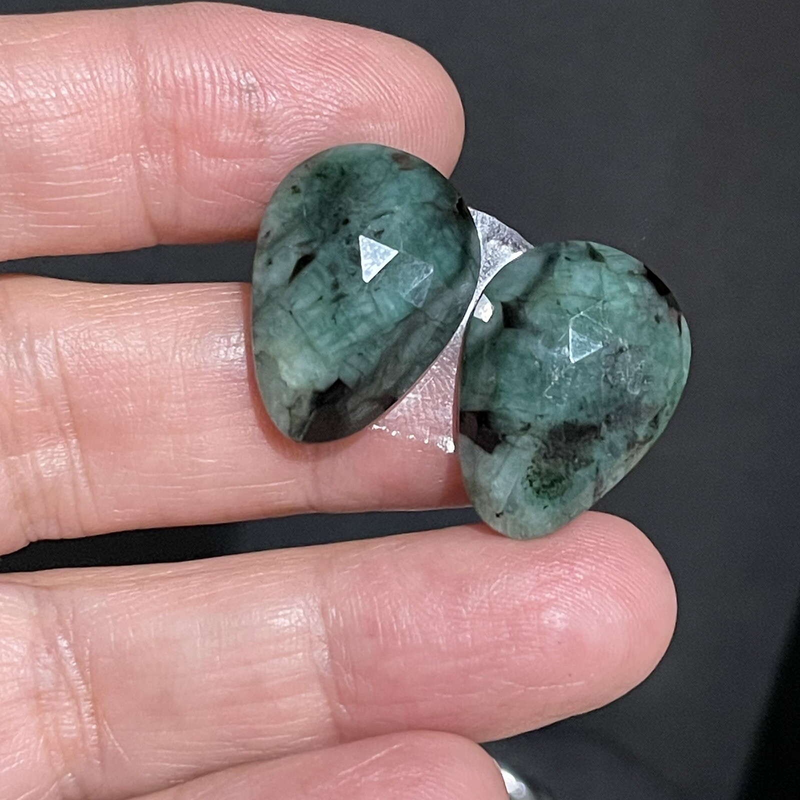 24.3ct 22×15.8×4.7mm Pair Green Emerald Rose Cut Flat Back Teardrop Cabochons