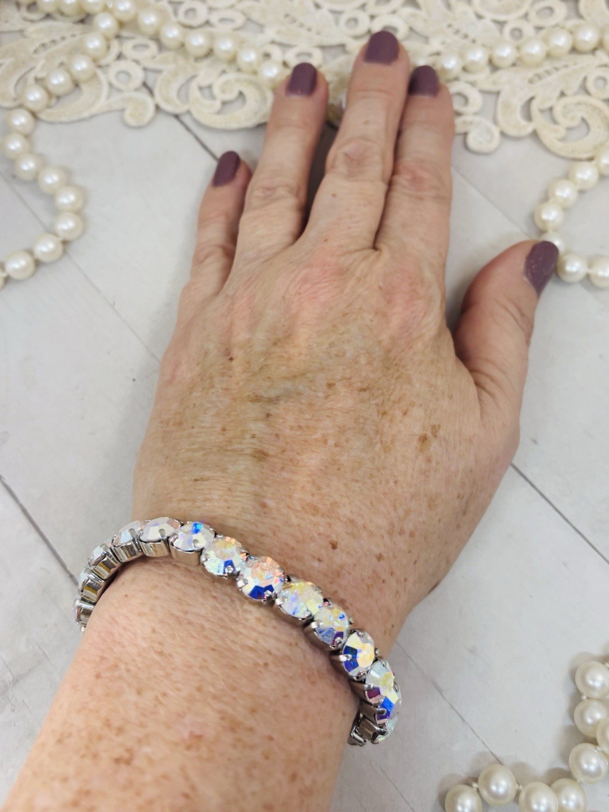 8mm Shiny Silver Plated Crystal AB Stretch Cup Chain Bracelet