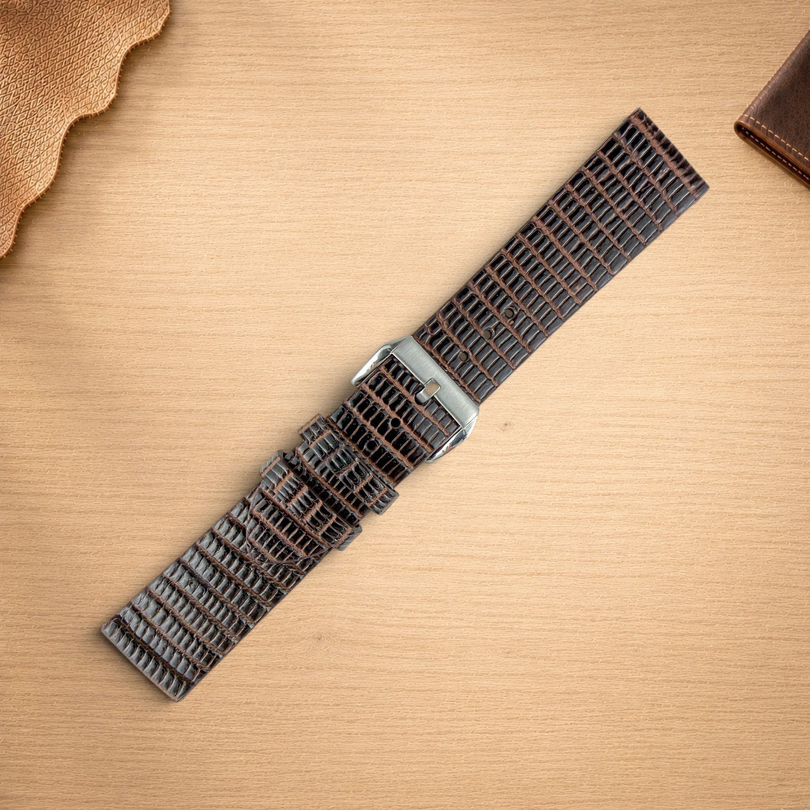 Genuine Lizard Leather Watch Band Strap 22mm Walnut Brown Mens 316L Buckle