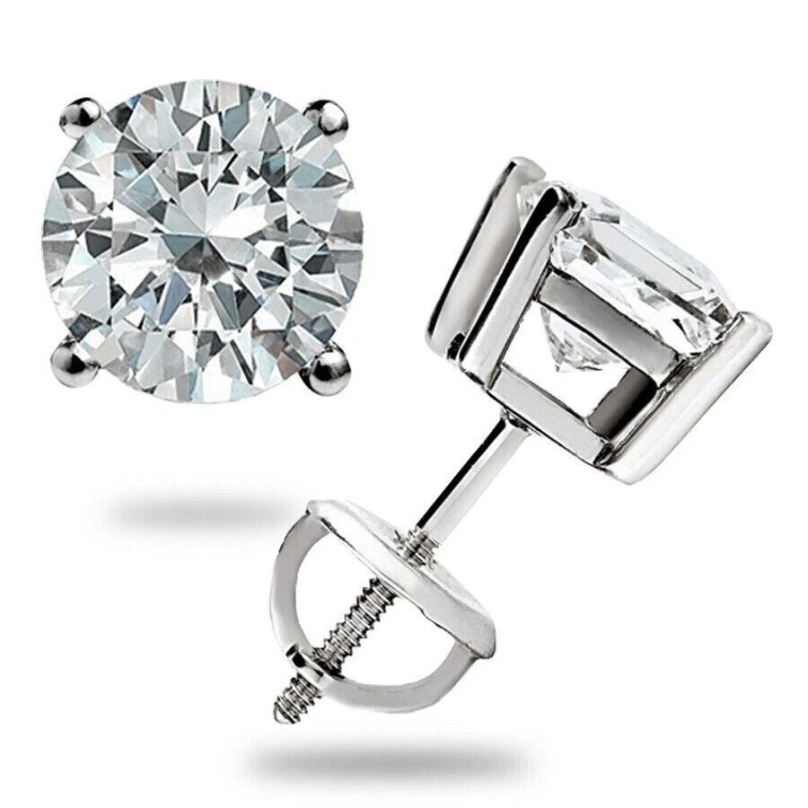 4 Ct Round Cut Moissanite D Stud Earrings 14K White Gold Plated 8mm ScrewBack