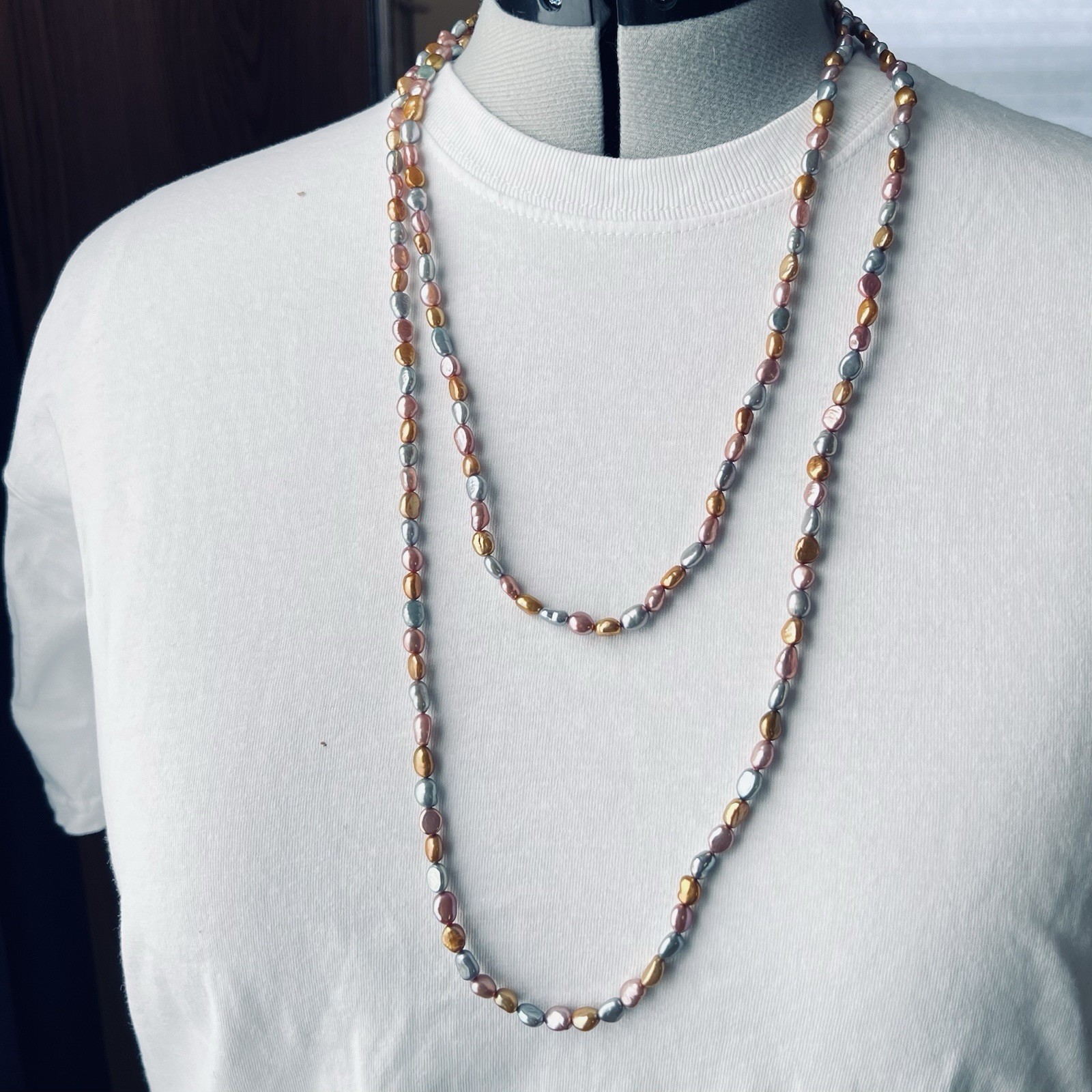 Estate Dyed Pink Grey Gold Freshwater Pearl Flapper Length Necklace, 62”