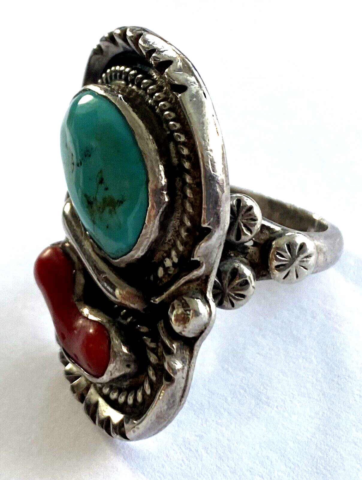 Vintage Native American Turquoise Red Coral Men’s Ring 28.41gr Size 12