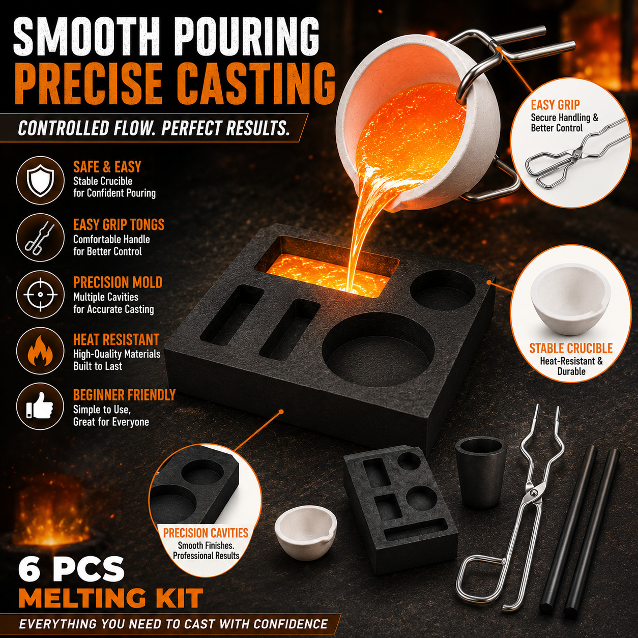 Graphite Casting Refining Kit 6PCS Mold Crucible Set for Gold Silver Copper