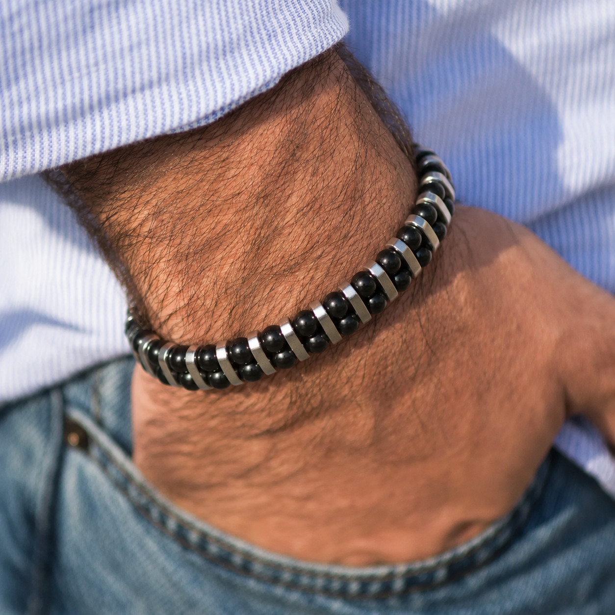 Mens Black Obsidian Beaded Bracelet Double Layer Braided Protection Jewelry Gift