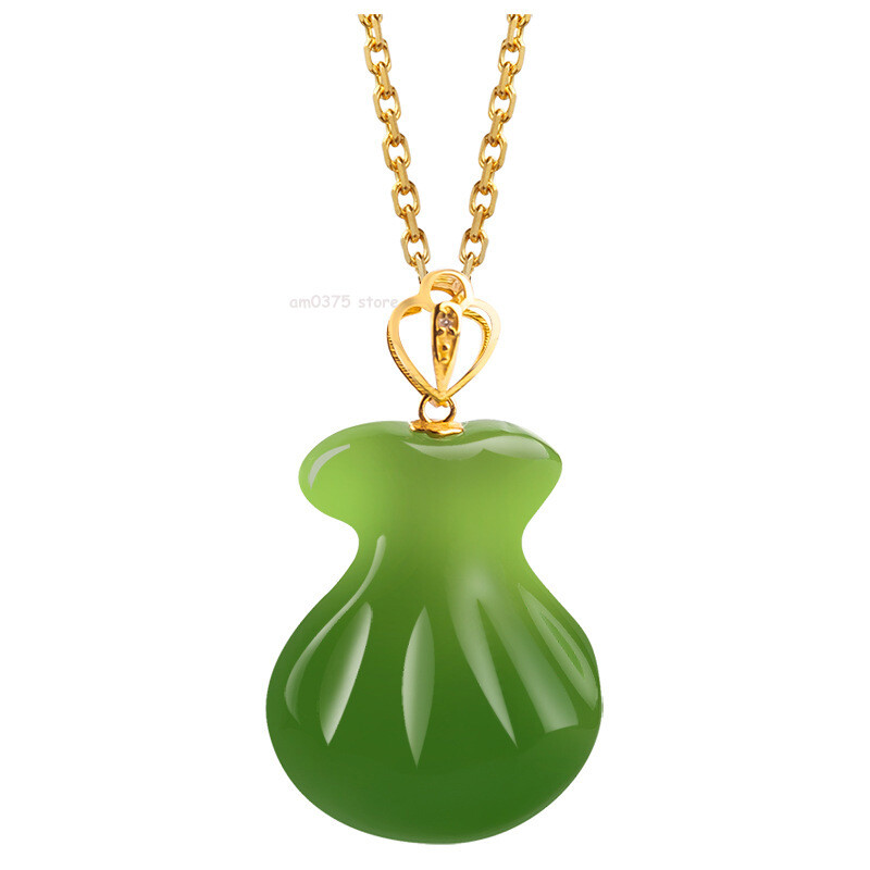 Real 18k Yellow Gold Natural Jasper Sapphire Jadeite Money Fu Bag Pendant Chain