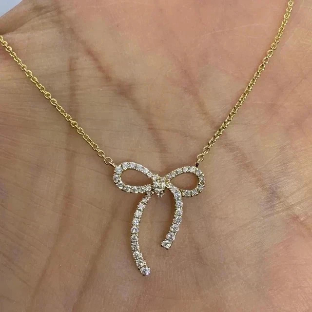 Ribbon Bow Shape Pendant 1 Ct Round Cut Real Moissanite 14K Yellow Gold Plated