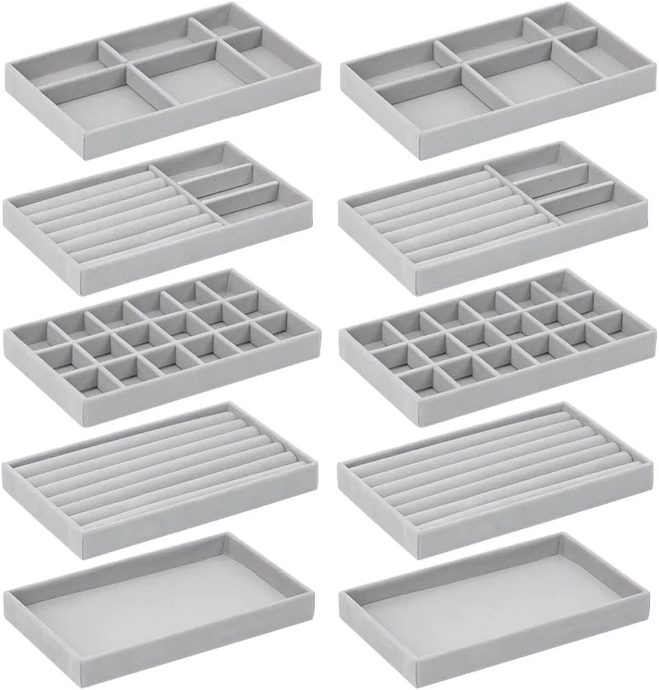 10 Pack Jewelry Organizer Tray Drawer Inserts,Stackable Velvet Liner Dividers..