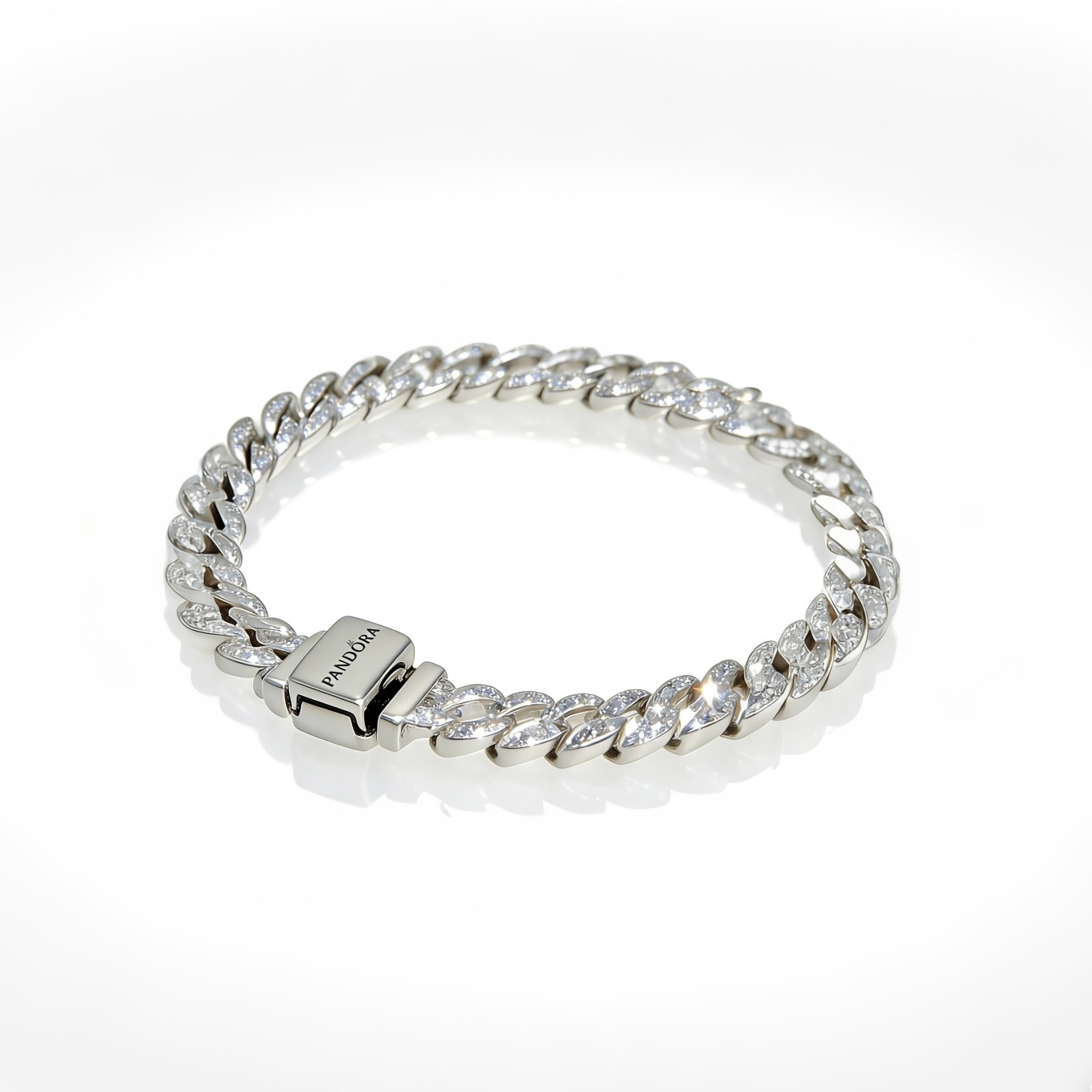 Pandora Timeless New Pavé Cuban Chain Unisex Sterling Silver Bracelet, 6.3 in