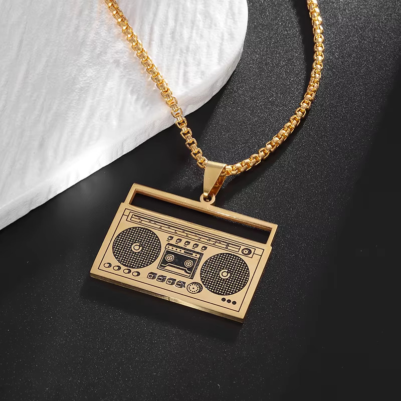 Retro Boombox Pendant Necklace – Music Theme Fashion Jewelry – Unisex Chain