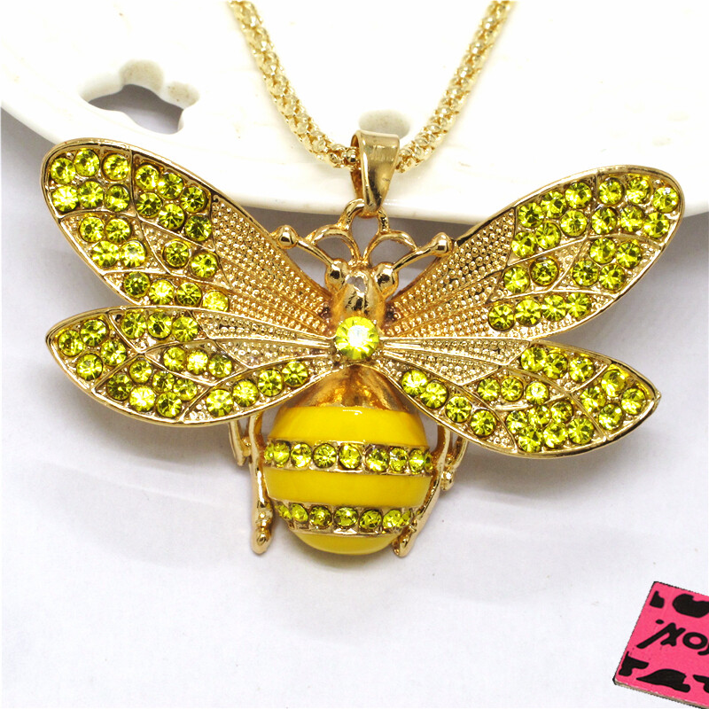 Fashion Yellow Rhinestone Honey Insect Crystal Pendant Sweater Chain Necklace