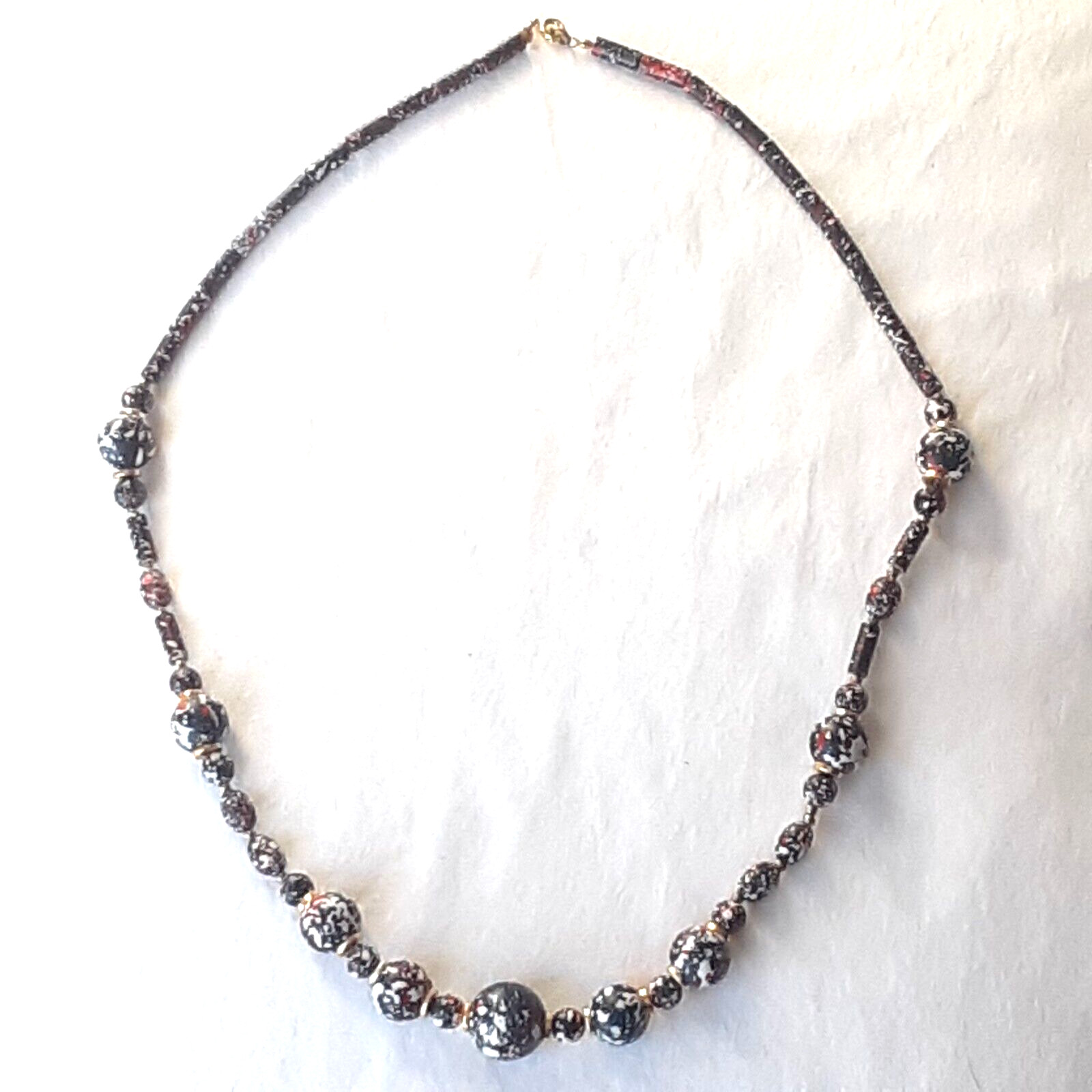 Long Black Multicolor Beaded Necklace White Red Gold Speckled 27″ Long