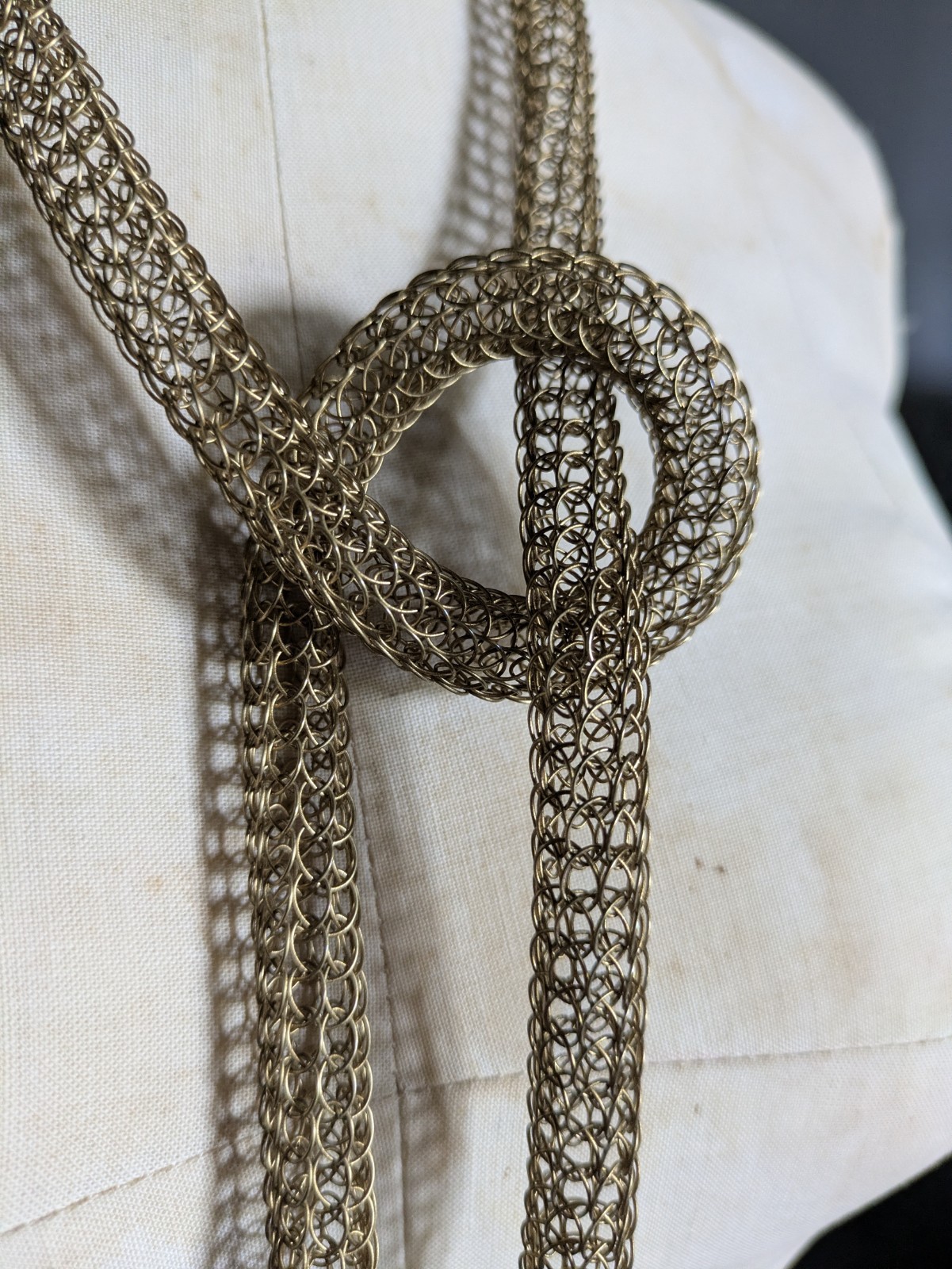 Vintage Brass Gold Tone Mesh Knitted Metal Wire Tassel Necklace Or Belt 55″