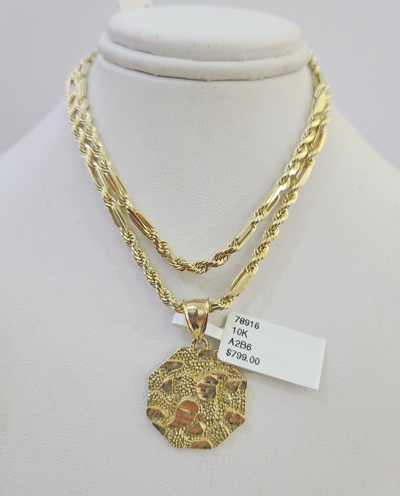 10k Milano Rope Chain Nugget Charm Necklace SET 3mm 18″ 20″ 22″ 24″