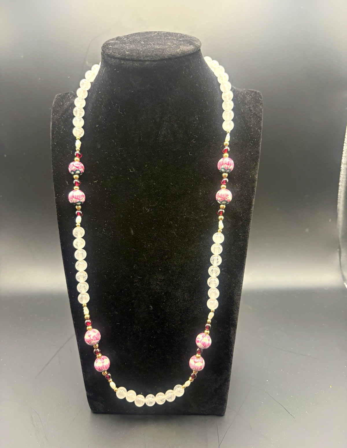 Vintage Amethyst Garnet Pearl Necklace 12K Gold Filled Clasp Hand Painted Beads