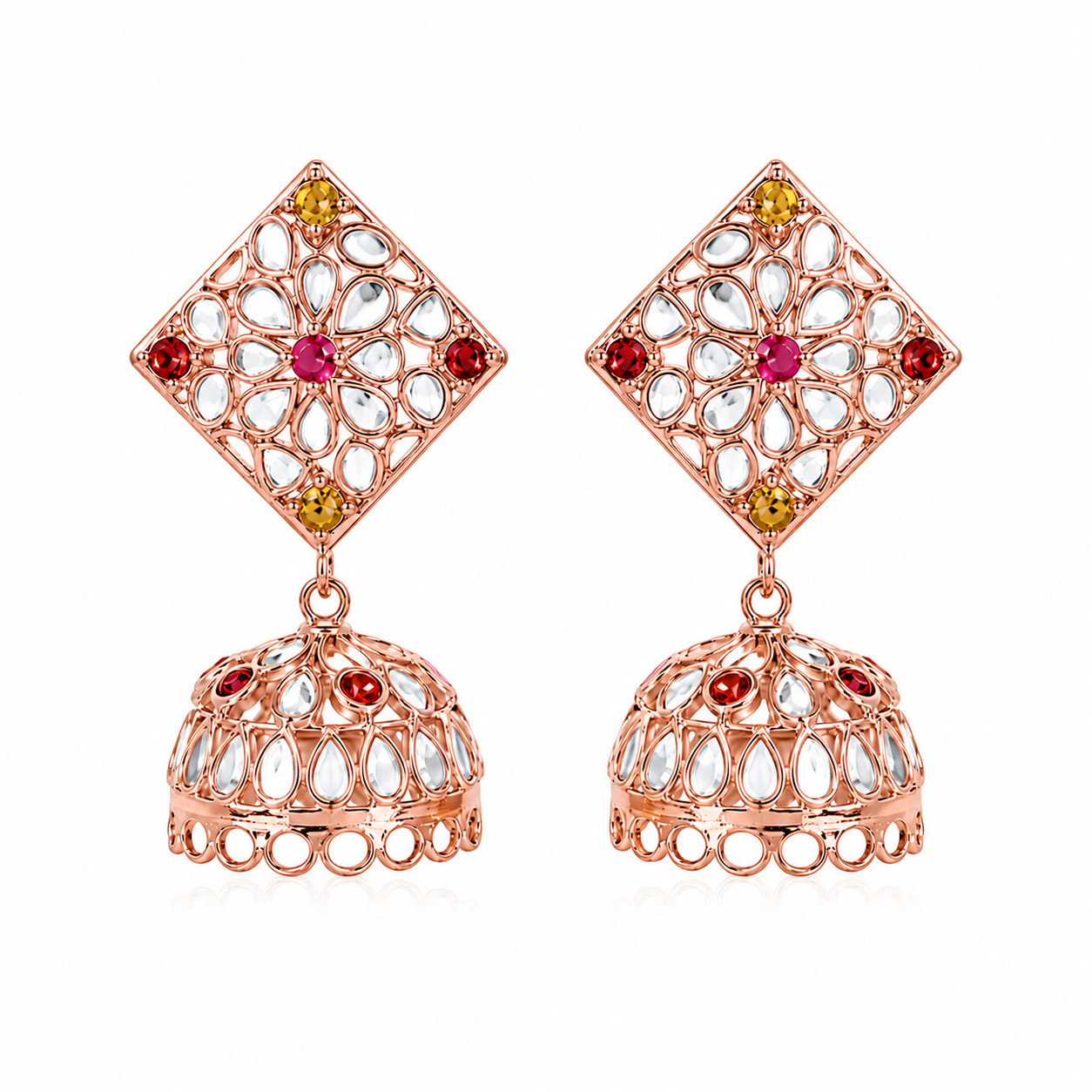 Natural Polki Jhumka Drop Earrings 925 Sterling Silver Handmade Bridal Wedding