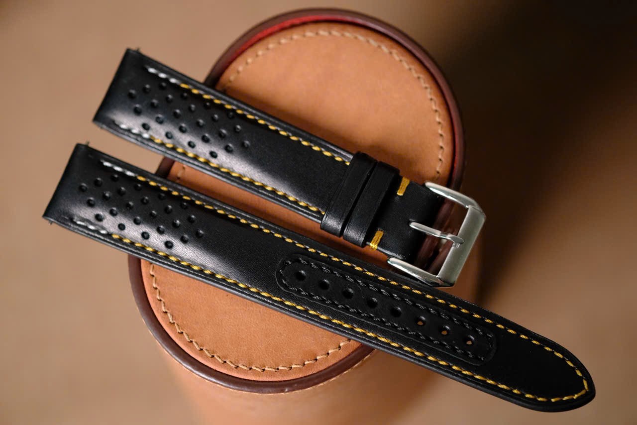 Handmade black leather strap watch band size 20/18 yellow stitching Custom size