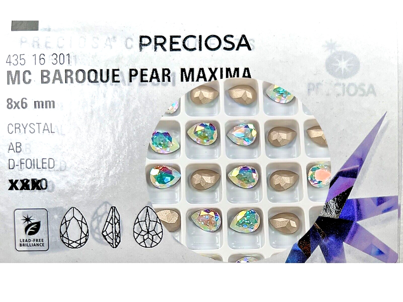 Crystal AB, Preciosa Czech MC Baroque Pearshape 8x6mm, 12 pc, Silver Foil, P912