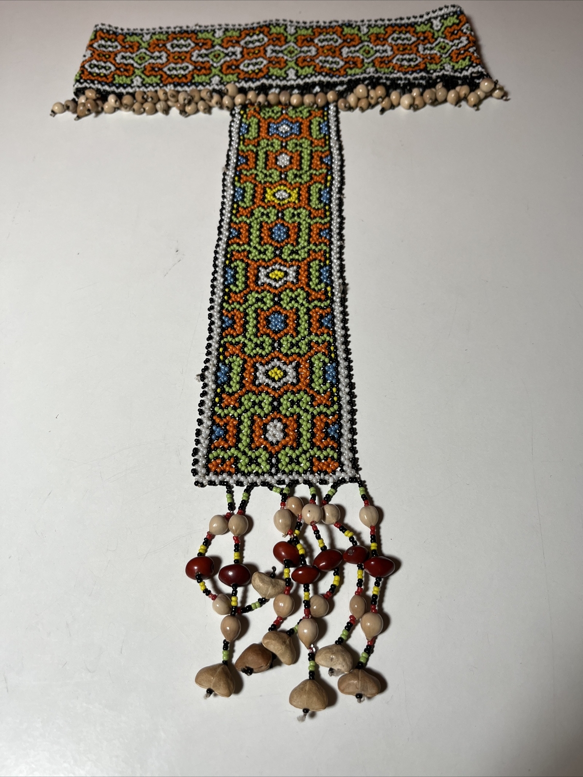 African Beaded Headpiece Tribal Ceremonial Dance Green Orange Tan White Blue