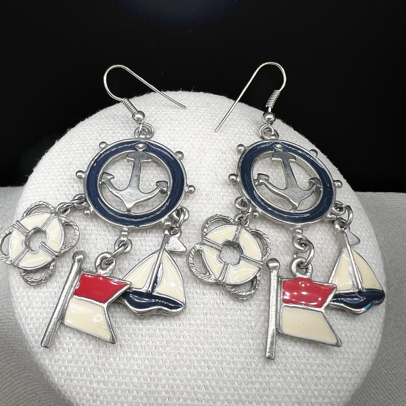 Nautical Charm Dangle Earrings Anchor Sailboat Flag Enamel Coastal Beach Sailing
