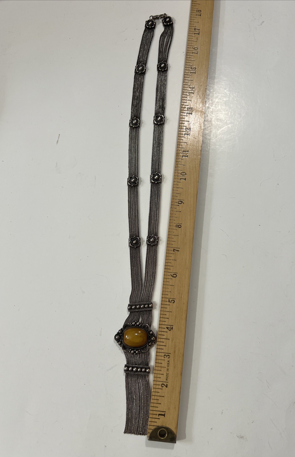 Sterling Silver 925 Honey Amber Multi Strand Foxtail Chain Tassel Necklace