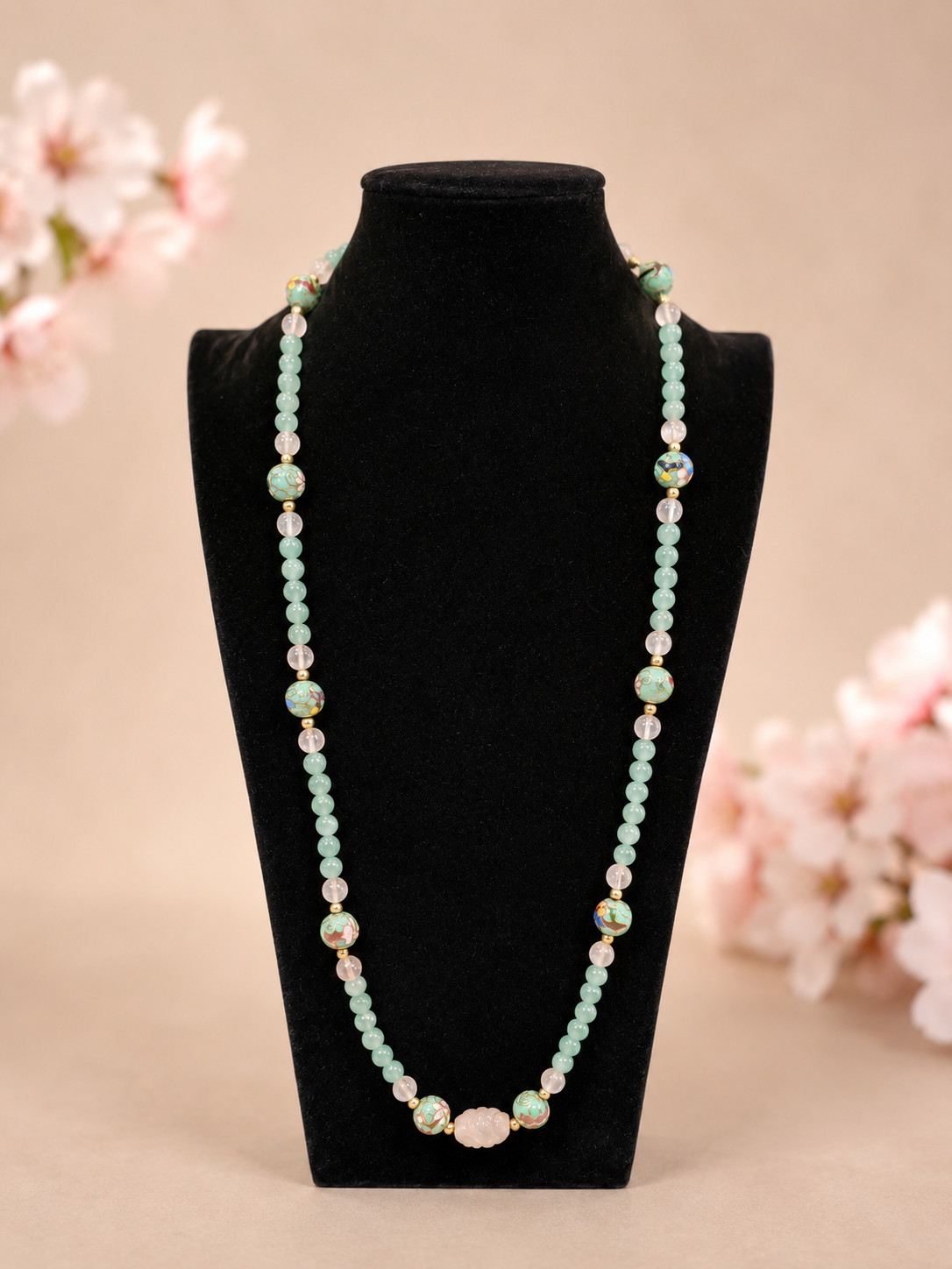 Vintage Rose Quartz & Green Chalcedony Necklace | Cloisonné Enamel Beads