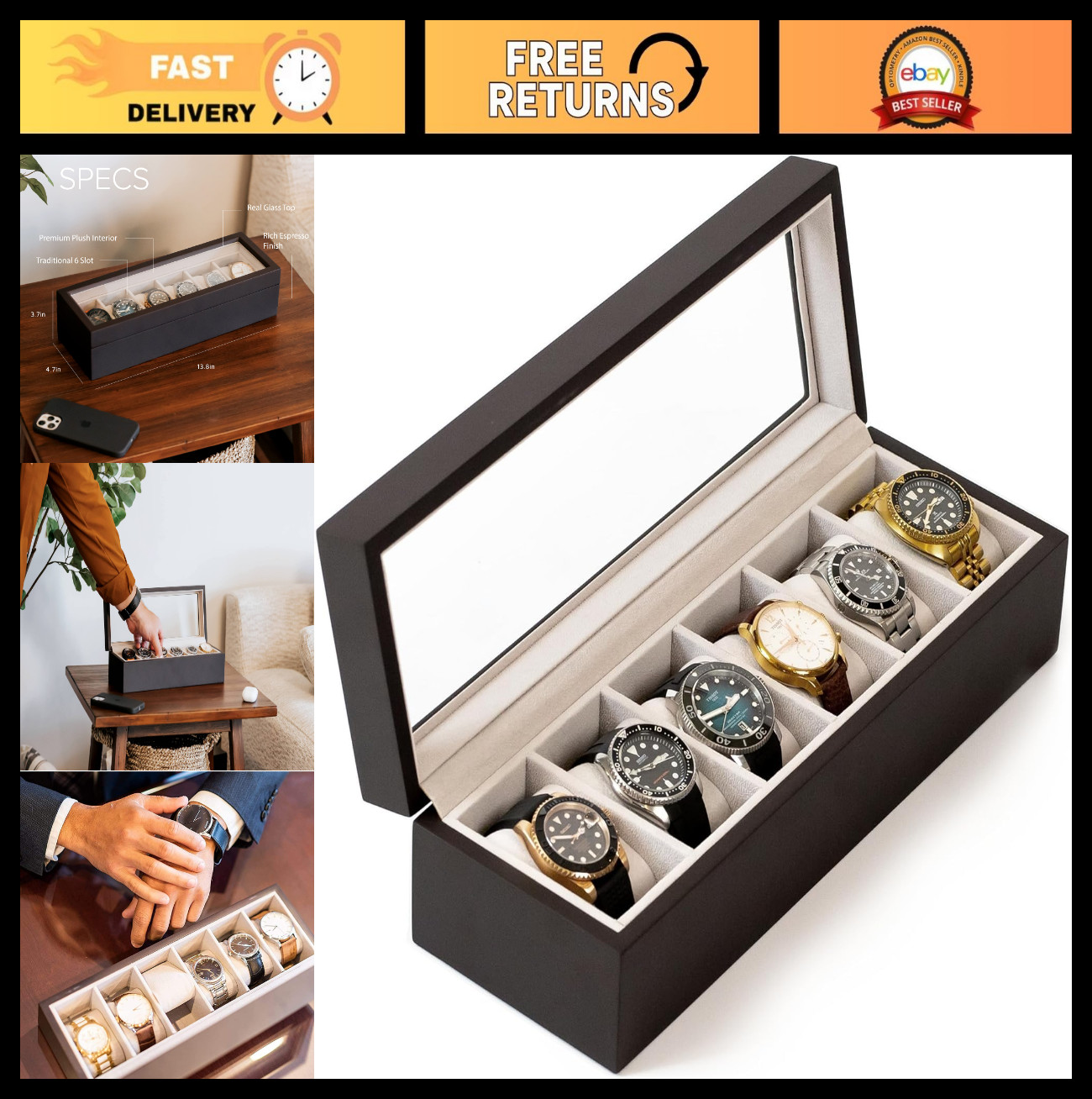 6-Slot Wood Watch Box with Glass Top – Espresso, Solid Wood, Magnetic Closure, P