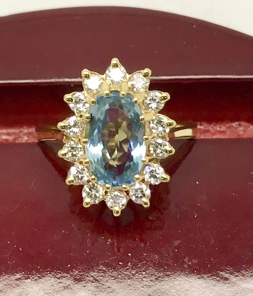 2.15 Carat Oval Blue Topaz & Diamond Halo Ring 14 k YG w/Card Appraisal – Size 6