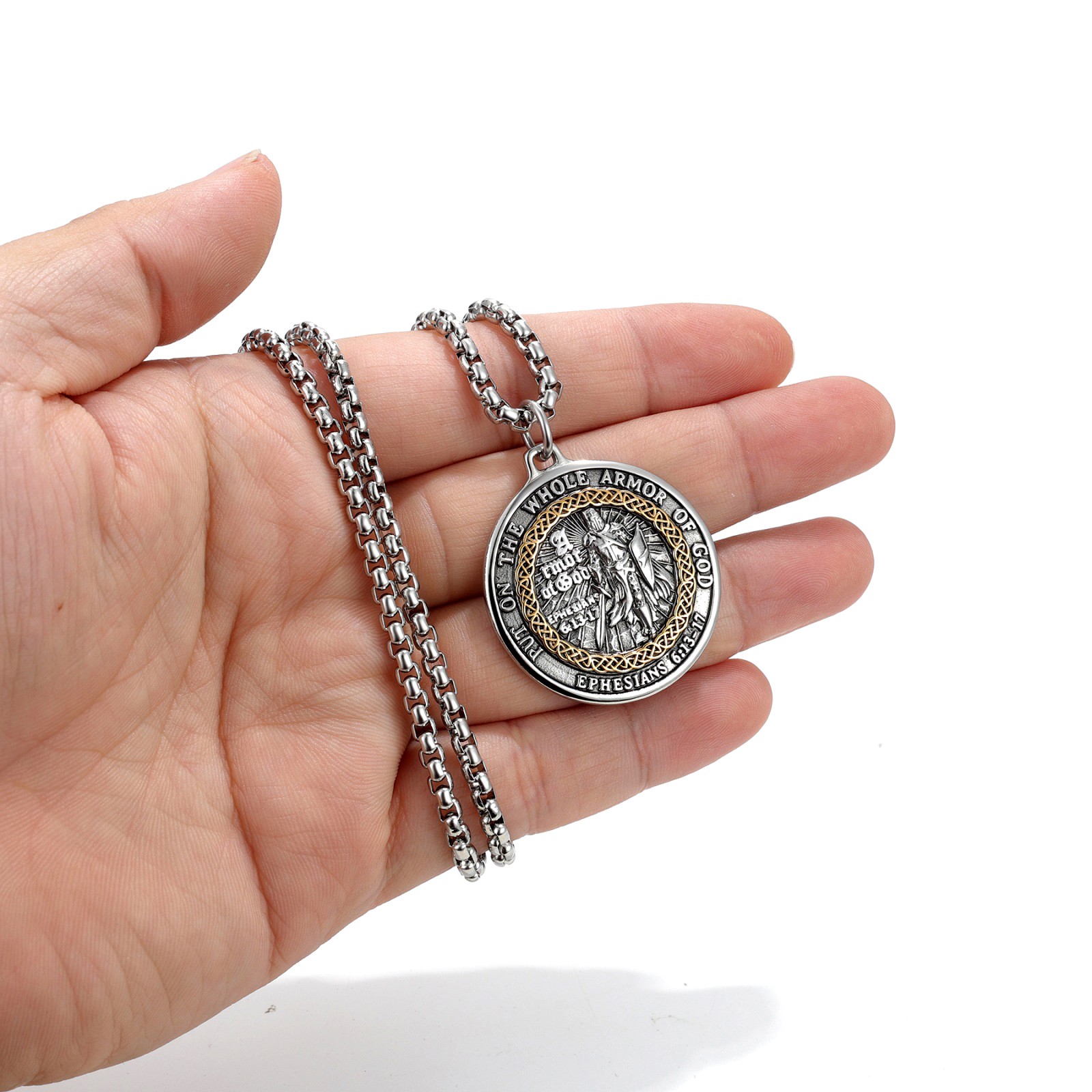 Men’s Round ‘Armor of God’ Pendant Bible Verse Necklace Religious Faith Jewelry