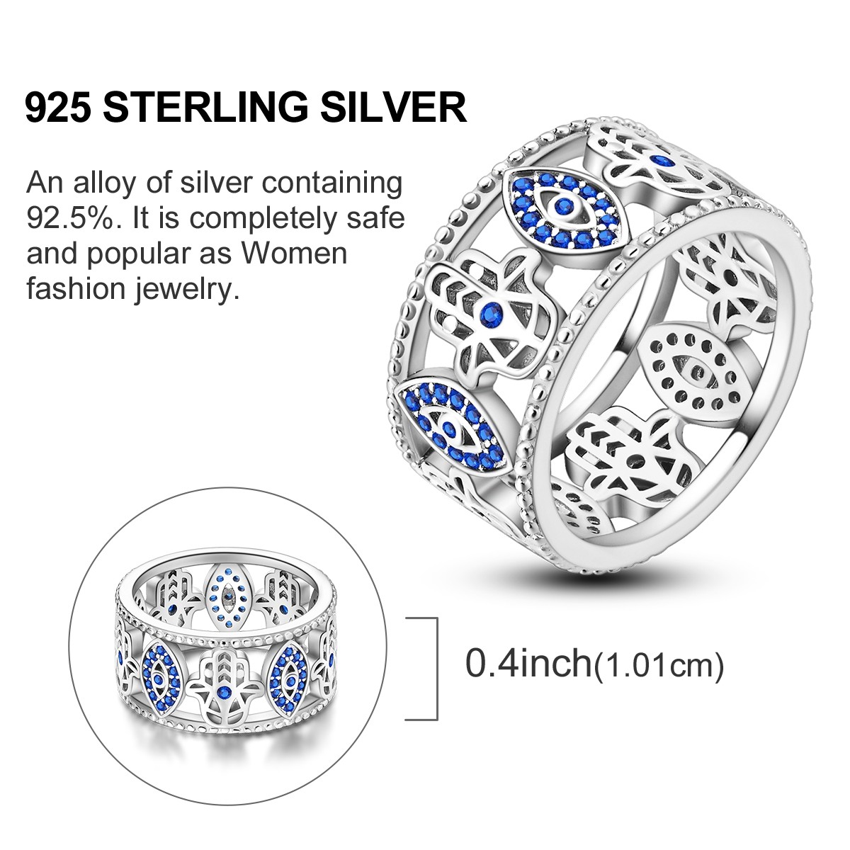 LAZA New 925 Sterling Silver Blue Eye Palms Heart Wide Finger Ring Women Jewelry