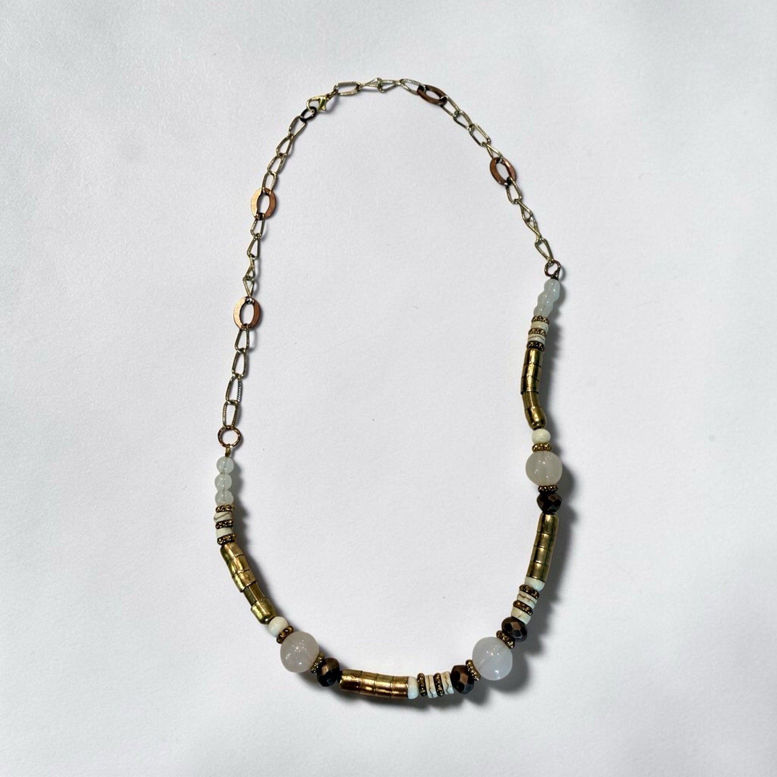 Gold Tone Link Chain Beaded Necklace, Pink & White Round Stone Beads