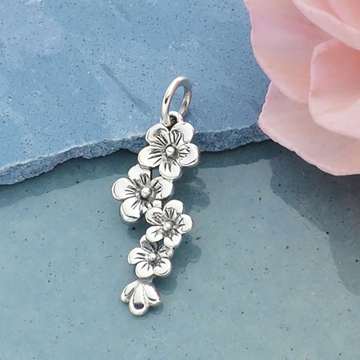 Cherry Tree Blossom Flowers 925 Solid Sterling Silver Charm Pendant