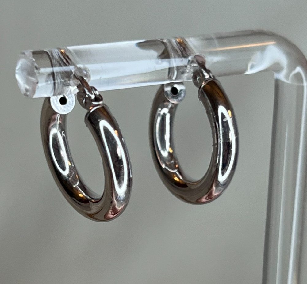 14K white Gold Classic Polished 14mm round tube hoop earrings