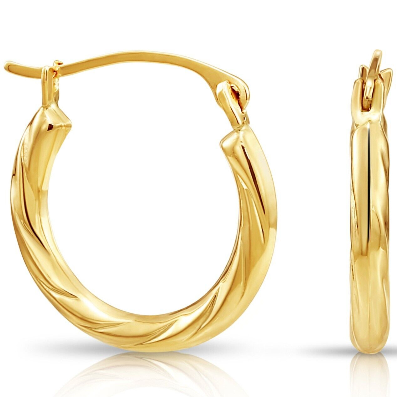 14K Real Solid Yellow Gold Twisted Round Creole Hoops Earrings Small Size 15MM